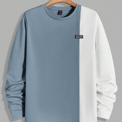 Bon&Bon Men's Khaki Colorblock Long Sleeve Letter Patch T-Shirt Dusty Blue / XL