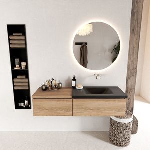 MONDIAZ BUKLA 140cm badmeubel met module 60 kleur Washed Oak met 2 lades. Wastafel CLOUD rechts 0 kraangaten kleur Urban.