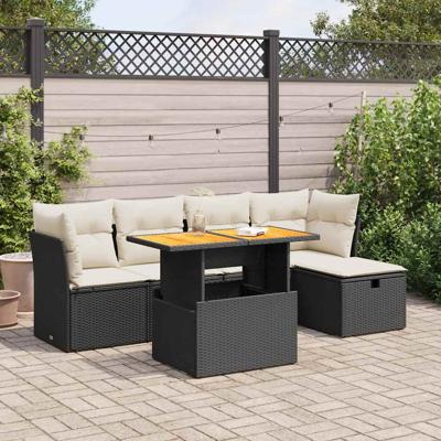 6-delige Loungeset met kussens poly rattan acacia zwart