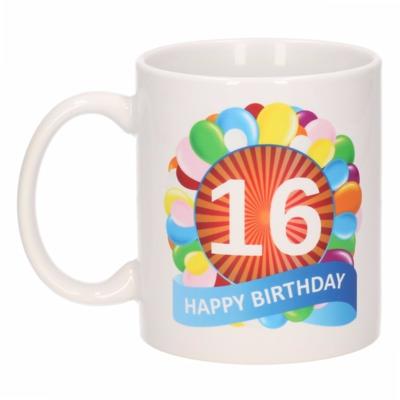 16 jaar Verjaardag koffiemok - cadeau beker - feestelijke ballonnen print - 300 ml - keramiek - wit 16 jaar Verjaardag koffiemok - cadeau beker - feestelijke ballonnen print - 300 ml - keramiek - wit