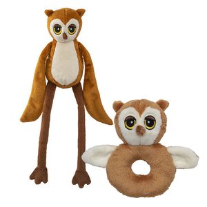 Pluche dieren setje uilen knuffel rammelaar 15 cm en fluffy knuffeldier 33 cm - Vogel knuffels