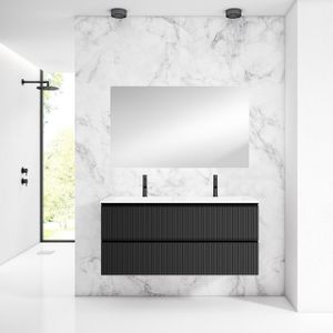 Adema Prime Blend Badkamermeubelset - 120x55x46cm - 2 rechthoekige keramische wasbakken wit - 2 kraangaten - 2 lades - rechthoekige spiegel - mat zwart SW928340/SW804533/SW724613