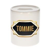 Spaarpot met voornaam Tommie - wit - goud/zwart embleem - 8 x 9 cm - keramiek - afsluitdop
