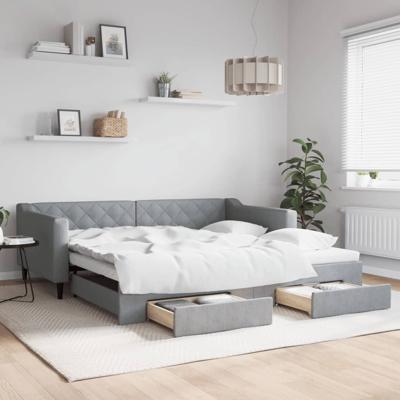 Slaapbank onderschuifbed en lades 100x200 cm stof lichtgrijs