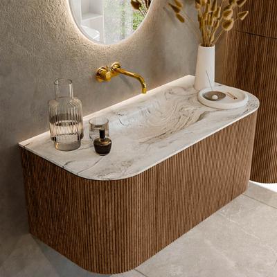 Mondiaz KURVE-DLUX 100 cm Onderkast Greeploos 1 Lade Met Deuren Walnut, Wastafel Solid Surface MIdden Glace 0 Kraangaten Zonder Spiegel (KRVGRU100L+R1L2D0KM-Wal/Gla)