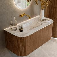 Mondiaz KURVE-DLUX 100 cm Onderkast Greeploos 1 Lade Met Deuren Walnut, Wastafel Solid Surface MIdden Glace 0 Kraangaten Zonder Spiegel (KRVGRU100L+R1L2D0KM-Wal/Gla)