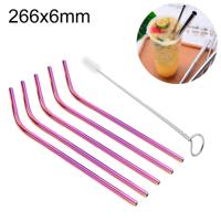 5 stuks herbruikbare RVS gebogen drinken stro + Cleaner borstel set Kit 266 * 6mm (kleur)