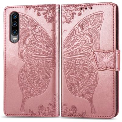 Butterfly Love bloemen reliëf horizontale Flip lederen case voor Huawei P30 met houder & kaartsleuven & portemonnee & Lanyard (Rose goud)