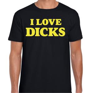 Foute party t-shirt voor heren - I love Dicks - zwart - glitter geel - carnaval/themafeest