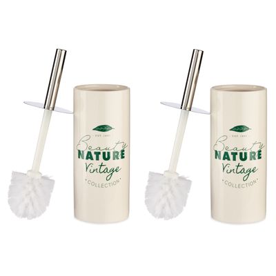Set van 2x stuks toiletborstel/wc-borstel gebroken wit met tekst keramiek 31 cm
