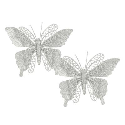 Kerstboomversiering Vlinder - 2x stuks - 16 cm - zilver glitter - op clip