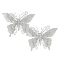 Kerstboomversiering Vlinder - 2x stuks - 16 cm - zilver glitter - op clip