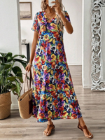 Women's Short Sleeve Summer Dark Blue Floral V Neck Daily Going Out Casual Maxi A-Line Dress