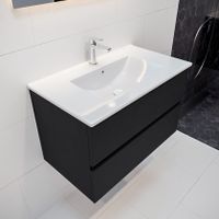 Mondiaz Vica Denia badmeubel zwart mat 80 cm 2 lades keramiek enkele spoelbak midden 1 kraangat