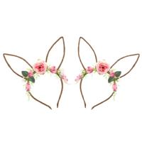 Verkleed diadeem paashaas/bunny oren - 2x - met bloemen - roze - one size - thumbnail