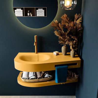 MONDIAZ RIVA 100cm Wastafel met planchet kleur Ocher. Wastafel DULCET links 1 kraangaten kleur Ocher. MONDIAZ RIVA 100cm Wastafel met planchet kleur Ocher. Wastafel DULCET links 1 kraangaten kleur Ocher.