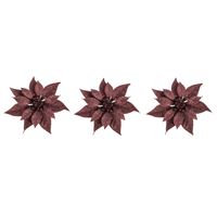 10x stuks decoratie bloemen kerstster donkerrood glitter op clip 18 cm - thumbnail