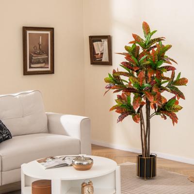 Kunstplant 150 cm Kunstplant Kroton Palmboom met Kleurrijke Bladeren en Natuurlijke Houten Stam Kunstboom in Pot Tropische Palm