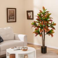 Kunstplant 150 cm Kunstplant Kroton Palmboom met Kleurrijke Bladeren en Natuurlijke Houten Stam Kunstboom in Pot Tropische Palm