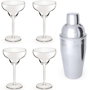 4x Cocktailglazen / Margarita glazen transparant 300 ml + Cocktailshaker semi-matte 550 ml RVS