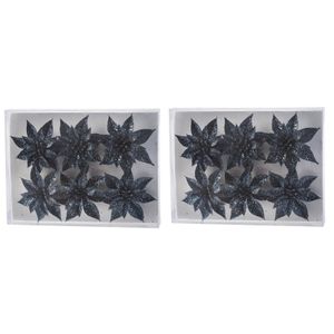 12x Kerstboomversiering donkerblauwe glitter bloemen op clip 8 cm