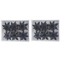 12x Kerstboomversiering donkerblauwe glitter bloemen op clip 8 cm