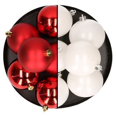 12x stuks kunststof kerstballen 8 cm mix van wit en rood 12x stuks kunststof kerstballen 8 cm mix van wit en rood