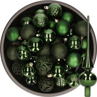 37x stuks kunststof kerstballen 6 cm incl. glazen piek glans donkergroen