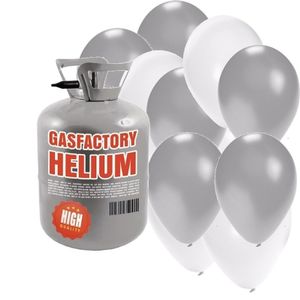 Helium tank met zilver en witte ballonnen 30 stuks