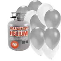 Helium tank met zilver en witte ballonnen 30 stuks