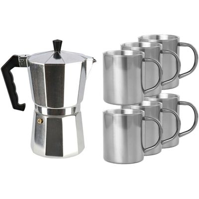 Aluminium moka/koffiemaker met 6x RVS kopjes