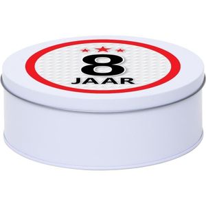Cadeau/kado wit rond blik 8 jaar 18 cm
