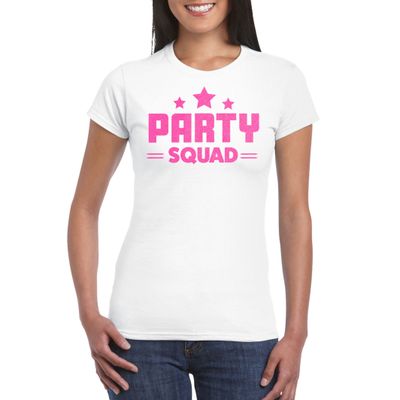 Verkleed T-shirt voor dames - party squad - wit - roze glitters - carnaval/themafeest Verkleed T-shirt voor dames - party squad - wit - roze glitters - carnaval/themafeest