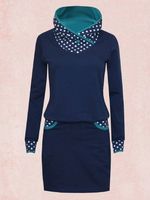 Deep Blue Long Sleeve Polka Dots Turtleneck Knitting Dress - thumbnail