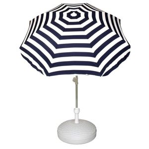 Voordelige set blauw/wit gestreepte parasol en parasolvoet wit