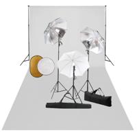 Fotostudioset met lampen, paraplu's, achtergrond en reflector