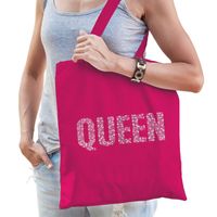 Glitter Queen katoenen tas roze rhinestones steentjes voor dames - Glitter tas/ outfit - Feest Boodschappentassen