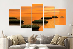 Karo-art Schilderij - Zen zonsondergang, 5 luik, 200x100cm, wanddecoratie