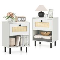 Rieten Nachttafels met Lade en Open Plank Bohemien Bijzettafel met Metalen Poten Moderne Bijzettafel 40 x 30 x 52 cm-2 stuks