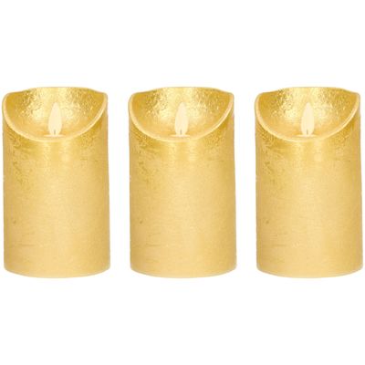 3x Gouden LED kaarsen / stompkaarsen met bewegende vlam 12,5 cm