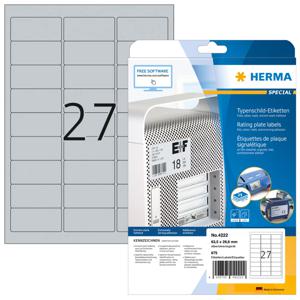 Herma 4222 Etiketten voor typeplaatjes 63.5 x 29.6 mm Polyester folie Zilver 675 stuk(s) Permanent hechtend Laser (zwart/wit), Kopiëren (zwart/wit),