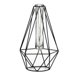 Draad vaasje - diamant vorm - zwart - metaal/glas - 15 x 14 x 24 cm - bloemenvaasje
