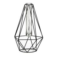 Draad vaasje - diamant vorm - zwart - metaal/glas - 15 x 14 x 24 cm - bloemenvaasje