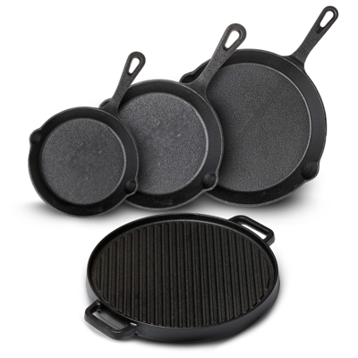 Blackwell Pannenset Gietijzer - Koekenpan 16, 20 & 25 cm & Grillplaat ø 30 cm - 4 Delig
