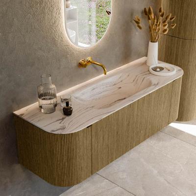Badmeubel Mondiaz Kurve-Dlux | 140 cm | Meubelkleur Dusk | Wastafelkleur Nata | Solid surface | Wasbak midden spoelbak | Zonder kraangat(en)