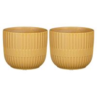 2x Stuks Plantenpot/bloempot keramiek mat okergeel stripes patroon - D11/H9 cm