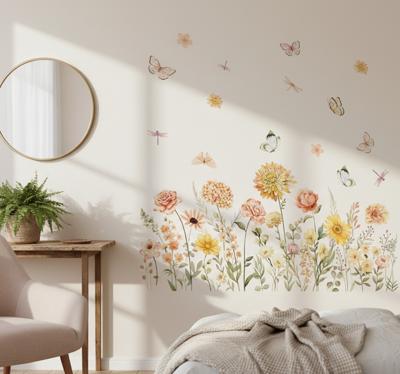 Muursticker wilde bloemenweide met vlinders