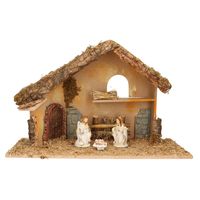 Complete kerststal met 3x st kerststal beelden - 50 x 23 x 31 cm - hout/polyresin - thumbnail