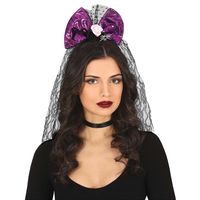 Halloween thema diadeem met strik en sluier - one size - zwart/paars - meisjes/dames