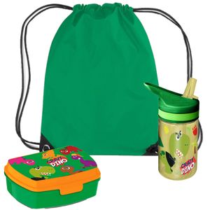 Crazy Dino lunchbox set voor kinderen - 3-delig - groen - kunststof - incl. gymtas/schooltas